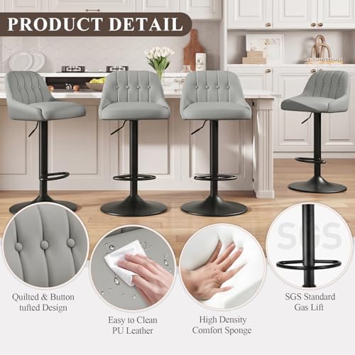 MALOL Bar Stools Set of 2, Swivel Bar Chairs, Modern Adjustable PU Leather Upholstered Barstools Counter Height with Tufted Back for Bar, Kitchen Counter Island, Dining Room, Grey