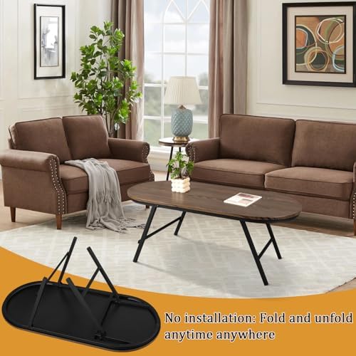 Foldable Coffee Table Oval Small Coffee Tables with Metal Legs Floor Table Desk for Sitting on the Floor Low Coffee Table for Small Spaces Living Room Outdoor Use Dark Brown
