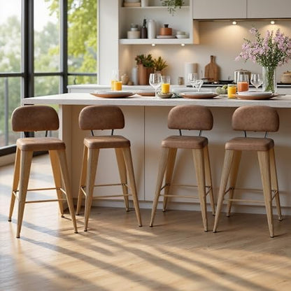 30 Inch Metal Bar stools Set of 4, Upholstered Counter Height Bar Stools with Removable Back & Metal Legs, Industrial Barstools for Kitchen Island, Cafe (Camel Seat, Wood-Grain Legs)