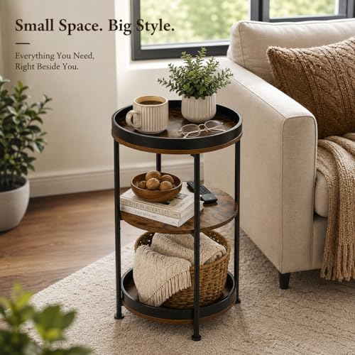 Dulcii Side Table, Round End Table with 3 Storage Shelves for Living Room, Bedroom, Nightstand with Steel Frame for Small Spaces, Industrial Round Sofa Table, Outdoor Accent Coffee Table, Rustic Brown