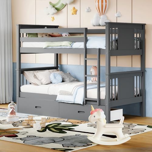 FUQARHY Solid Wood Twin-Over-Twin Bunk Bed with 2 Storage Drawers