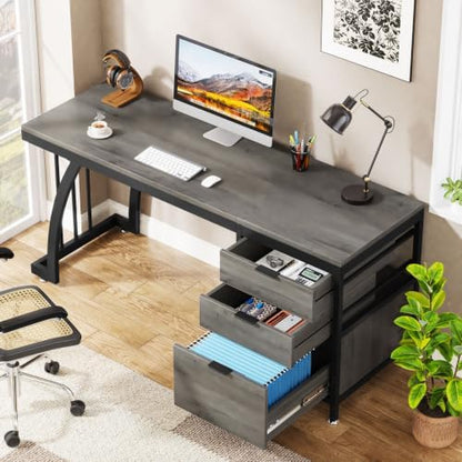 Tribesigns Computer Desk with 3 Drawers, 59-Inch PC Desk with Reversible Drawers, Industrial Study Writing Table Workstation with File Storage for Home Office (Grey)