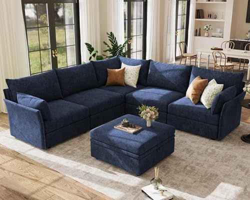 ABCASA 103.5" Oversized Modular Sectional Sofa, L Shaped Convertible Couch with Movable Ottoman, Large 6 Seat Corner Couches for Living Room Deep Seat- Blue Chenille