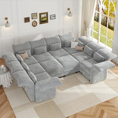 LLappuil 10 Person Modular Sectional Sofa Sleeper Chenille Deep Sectional Couches for Living Room with Storage Ottoman, Adjustable Arms Backs Grey