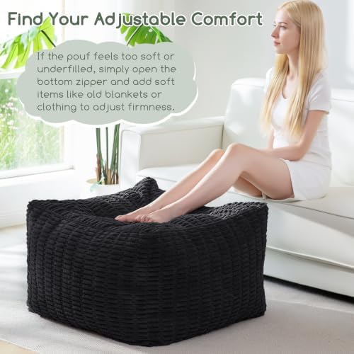 HIGOGOGO Square Stuffed Pouf Ottoman, Blended Corduroy Poufs with Foam Chunk Filling, 25.6 x 25.6 Inches Floor Poufs Foot Rest for Living Room, Black