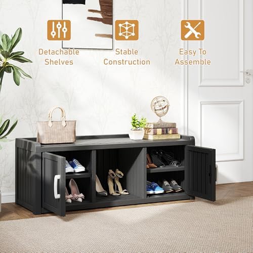 NUNU LAB Shoe Storage Cabinet, Waterproof Shoe Organizer with Adjustable Shelves, UV-Resistant Entryway Shoe Cabinet Bench with 2 Barn Doors for Indoor Outdoor, Foyer, Hallway, Living Room,Black
