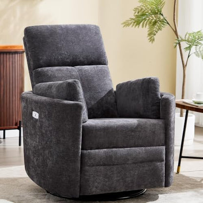 Power Recliner Nursery Swivel Rocking Glider Chair,Upholstered Electric Adult Nursing Recliner Rocker Chair with USB Port with 2 Pillows for Nursery Living Room Bedroom (Dark Grey,Power-Driven)