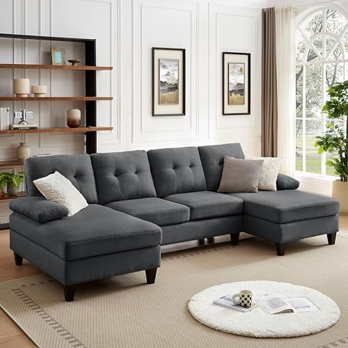 105" Sectional Sofa for Living Room, U-Shape 4 seat Large Couch with Double Chaises Polyester Linen Fibre for Living Room, Dark Grey