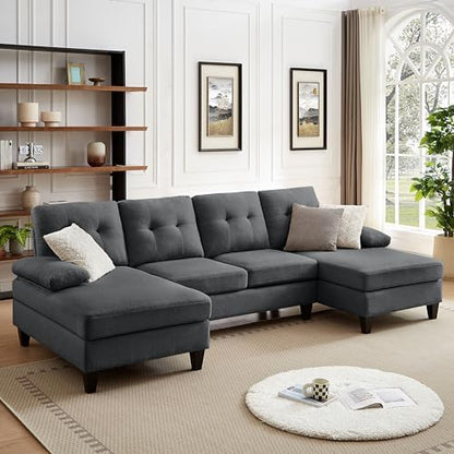 105" Sectional Sofa for Living Room, U-Shape 4 seat Large Couch with Double Chaises Polyester Linen Fibre for Living Room, Dark Grey