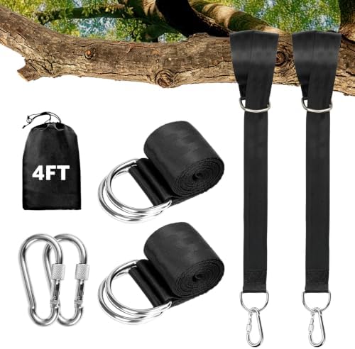 Tree Swing Hanging Straps Kit 4Ft, Robust, Reliable, and Flexible - Supports up to 2200 lbs - Effortless Setup with Sturdy Carabiners - Ideal for Hammocks, Swings, and Beyond (Black, 4FT)