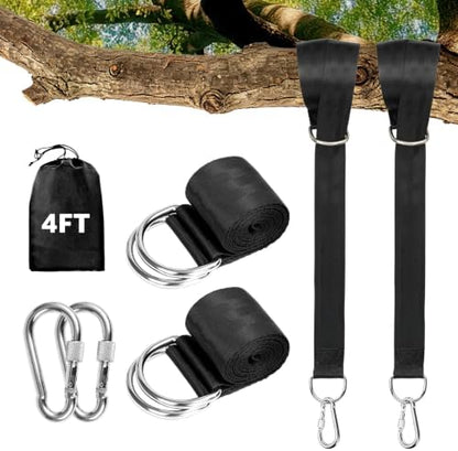 Tree Swing Hanging Straps Kit 4Ft, Robust, Reliable, and Flexible - Supports up to 2200 lbs - Effortless Setup with Sturdy Carabiners - Ideal for Hammocks, Swings, and Beyond (Black, 4FT)