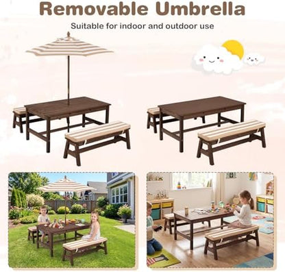 KOTEK Kids Picnic Table with Umbrella, Wooden Toddler Outdoor Table with Benches & Cushions, 42" x 23" Large Tabletop, Kids Backyard Furniture for Patio Garden Lawn (Coffee)