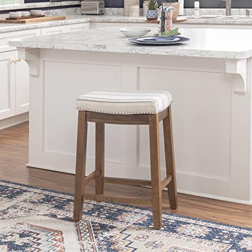 Linon Kingston Natural Wood with Upholstered Linen seat 24 Inch Seat Height Backless Counter Stool