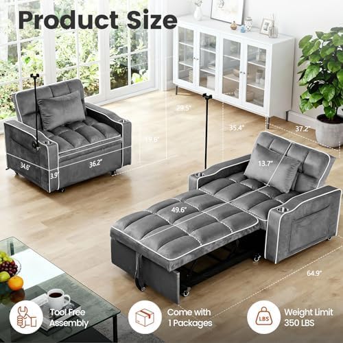 5 in 1 Convertible Sleeper Chair, Sofa Bed with Holder, Dark Gray