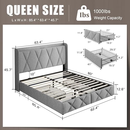 Einhomn Queen Bed Frame with 4 Storage Drawers and Charging Station, Upholstered Platform Bed Frame with Storage Headboard, No Box Spring Needed, Easy Assembly, Light Grey