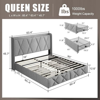 Einhomn Queen Bed Frame with 4 Storage Drawers and Charging Station, Upholstered Platform Bed Frame with Storage Headboard, No Box Spring Needed, Easy Assembly, Light Grey