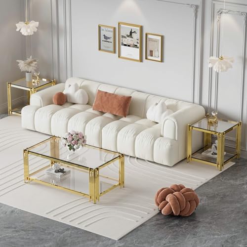 Gold Glass Coffee Table Set of 3, End Table Modern Living Room Table Set Rectangle Clear Tempered Glass Luxury Stainless Steel Leg, Center Side Table for Home (Gold, 43" Set of 3)