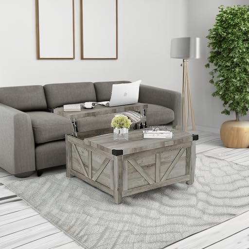 jimeimen Farmhouse Lift Top Coffee Table with Storage, Wood Square Center Table with Charging Station&USB Port, Living Room Table w/Large Hidden Space, for Living Room, Bedroom, Home Office, Grey