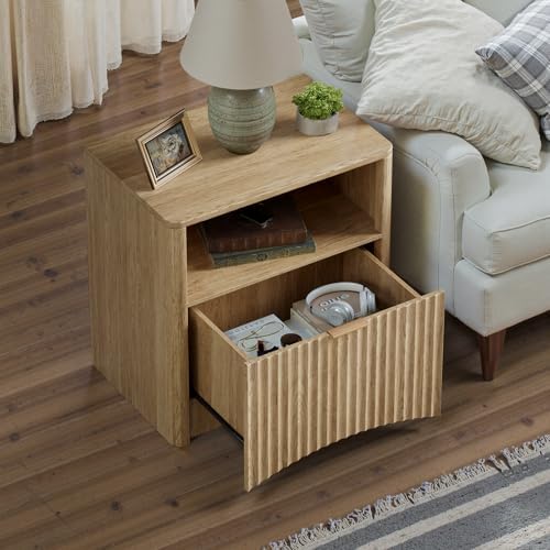 Evermagin Fluted Nightstand Set of 2, Natural Oak Bedside Table with Drawer