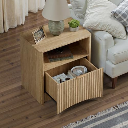 Evermagin Fluted Nightstand Set of 2, Natural Oak Bedside Table with Drawer
