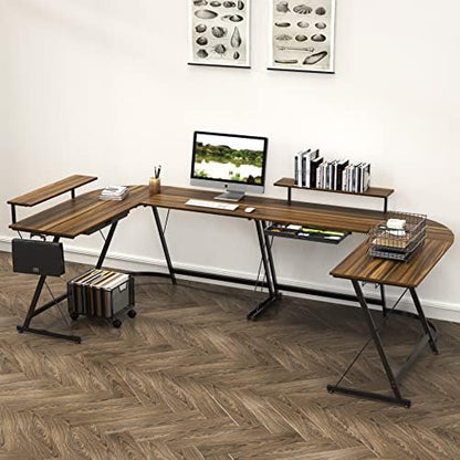 SHW 51 x 51 L-Shaped Corner Desk w/Monitor Stand and Drawer, Walnut