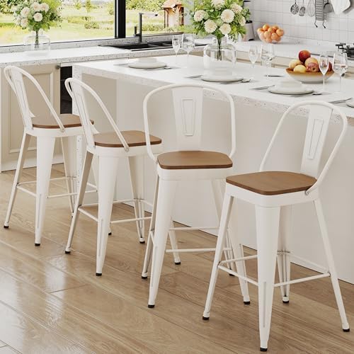 Metal Bar Stools Set of 4,24" Counter Height with Backs,Off White