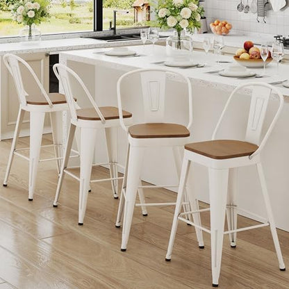 Metal Bar Stools Set of 4,24" Counter Height with Backs,Off White