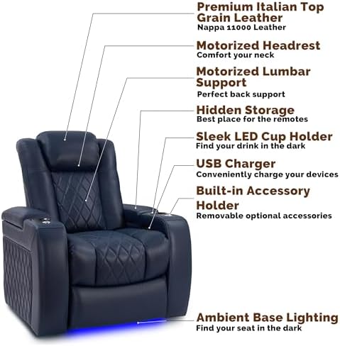 Valencia Tuscany Home Theater Seat - Nappa Leather Power Recliner with Cool Gel Memory Foam, USB-C/A Charging, RGB LED Lights, Adjustable Lumbar & Headrest (Single Recliner, Navy Blue)