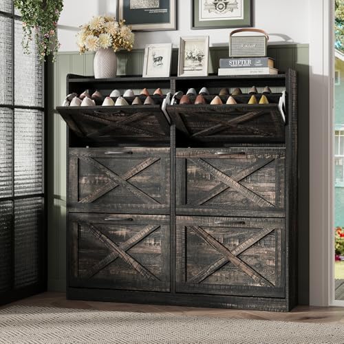 Maupvit Large Shoe Storage Cabinet with 6 Flip Drawers, Freestanding Shoe Organizer with Metal Handles for Entryway, Narrow Shoe Rack Cabinet, Dark Rustic Oak
