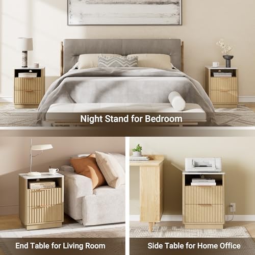 Fluted Nighstand, 2 Drawers Night Stand, 18" Nightstand with Charging Station and Faux Marble Top, Modern End Table w/Storage, Bedside Table for Bedroom, Curved Corners Design, Natural Oak