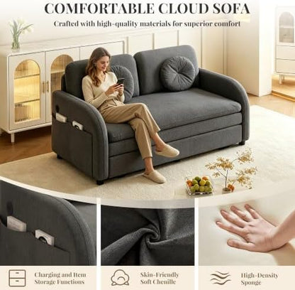 52.4" Full Size Sleeper Sofa Bed, 3-in-1 Pull Out Chenille Couch