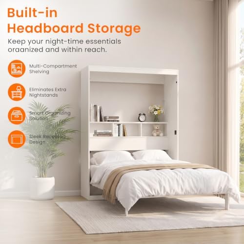 Electric Vertical Full Murphy Bed with Storage Shelf-White