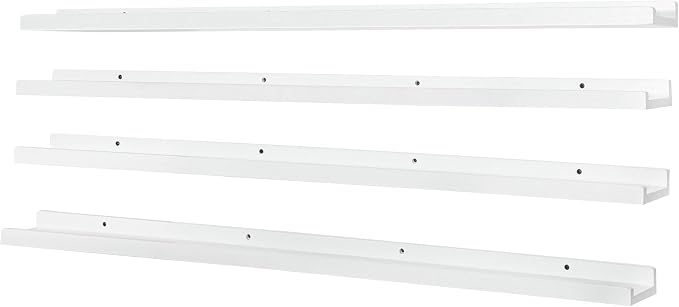 PHOENANCEE Long Floating Shelves for Wall 47 Inch,Real Wood Picture Ledge with Lip Set of 4,Photo Frame Storage Display for Living Room Nursery Bedroom Bathroom Kitchen Home Office Decor (White)