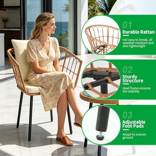 FDW 3 Pieces Patio Furniture Set, Patio Furniture Natural Rattan Patio Chairs Set with Coffee Table Cushion for Patio Porch Backyard Poolside Gardent, Beige