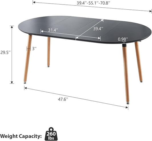 39”-70” Extendable Dining Room Table for 4 6 Mid Century Modern Oval Kitchen Table Solid Wooden Expandable Table for Dining Room Kitchen Living Room Office Black
