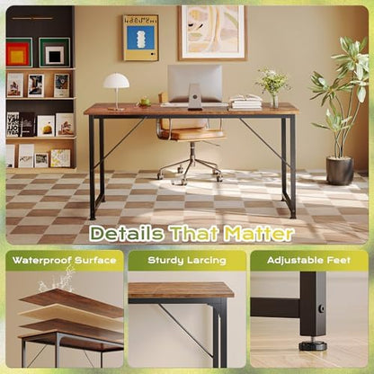 PRAISUN 55 Inch Computer Desk, Office Desk, Spacious Desktop, Rustic Brown