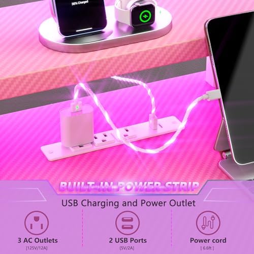 Korfile 47 Inch Gaming Desk with Power Outlet, LED, Carbon Fiber Pink
