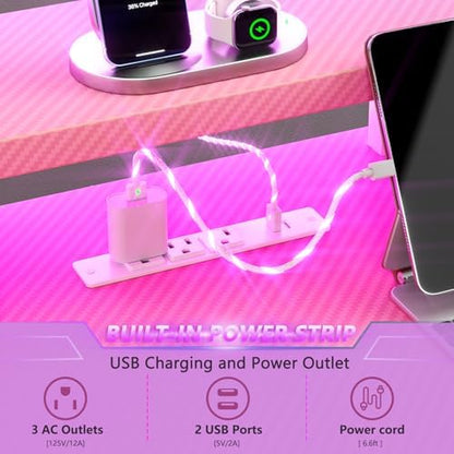 Korfile 47 Inch Gaming Desk with Power Outlet, LED, Carbon Fiber Pink