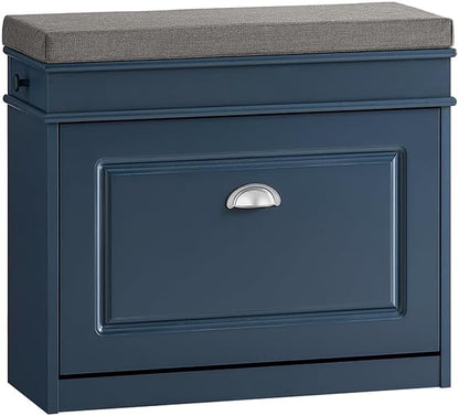 Haotian Small Shoe Storage Bench, Narrow Shoe Cabinet Entryway with 1 Flip-Drawer and Seat Cushion, Mini Shoe Rack Hallway Entrance Mudroom, Navy Blue FSR82-K-B