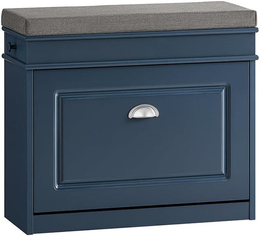 Haotian Small Shoe Storage Bench, Narrow Shoe Cabinet Entryway with 1 Flip-Drawer and Seat Cushion, Mini Shoe Rack Hallway Entrance Mudroom, Navy Blue FSR82-K-B