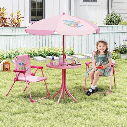 Costzon Kids Picnic Table, Kids Outdoor Table with 2 Folding Chairs, Height Adjustable Umbrella, Portable Children Outdoor Furniture for Patio, Garden, Backyard (Pink)