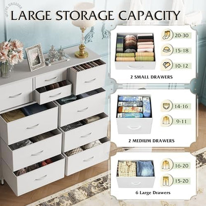 WLIVE 10 Drawer White Fabric Dresser for Bedroom, Side Pockets Chest