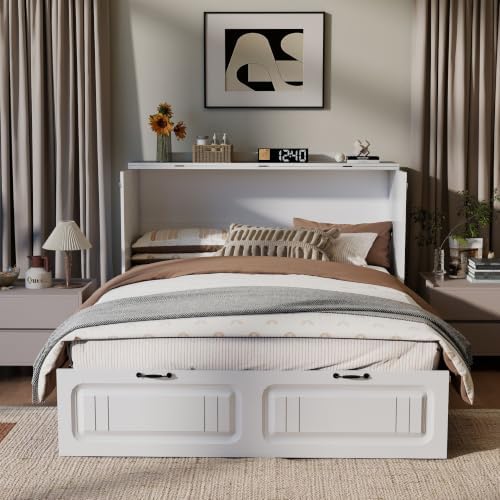 Full Size Murphy Bed: White Murphy Bed Cabinet with Charging Station