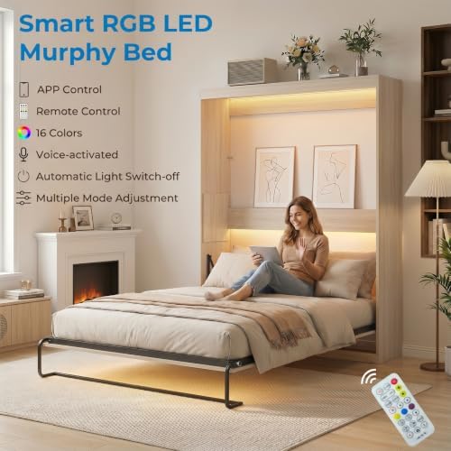 Full Murphy Bed, Cabinet Wall Beds, Modern Vertical Murphy Chest Beds with Durable Gas-Lift, Space-Saving Hidden Cabinet Guest Bed with 16 Colors of LED Lights for Bedroom, Apartment - Wood