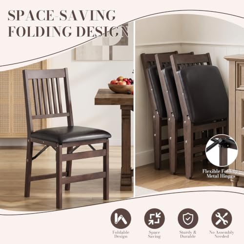 Wooden Folding Dining Chairs Set of 4 with Leather Cushion, Pre‑Assembled