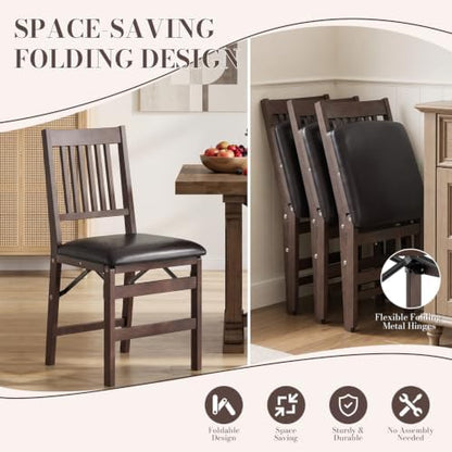 Wooden Folding Dining Chairs Set of 4 with Leather Cushion, Pre‑Assembled
