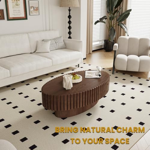 Modern Oval Drum Coffee Table Wood Circle Fluted Coffee Tables with Sturdy Pedestal, Veneer Handcrafted Relief Tea Table for Living Room Small Space Office Apartment (Rustic Brown 43.3")