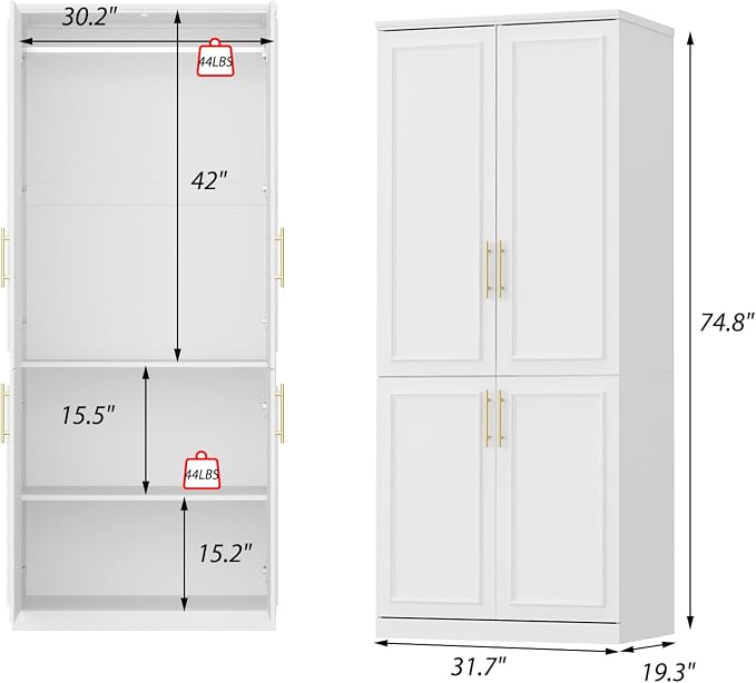 WOODTIME Wardrobe Closet with Hanging Rod, Modern Wooden Armoire with 4 Framed Doors & 3 Large Shelves, Clothes Storage Cabinet Organizer for Bedroom Apartment, White