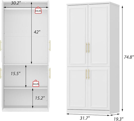 WOODTIME Wardrobe Closet with Hanging Rod, Modern Wooden Armoire with 4 Framed Doors & 3 Large Shelves, Clothes Storage Cabinet Organizer for Bedroom Apartment, White