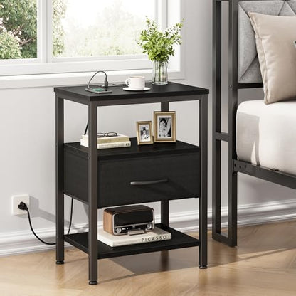 DUMOS Nightstand with Charging Station, Bedside Table with Fabric Drawers